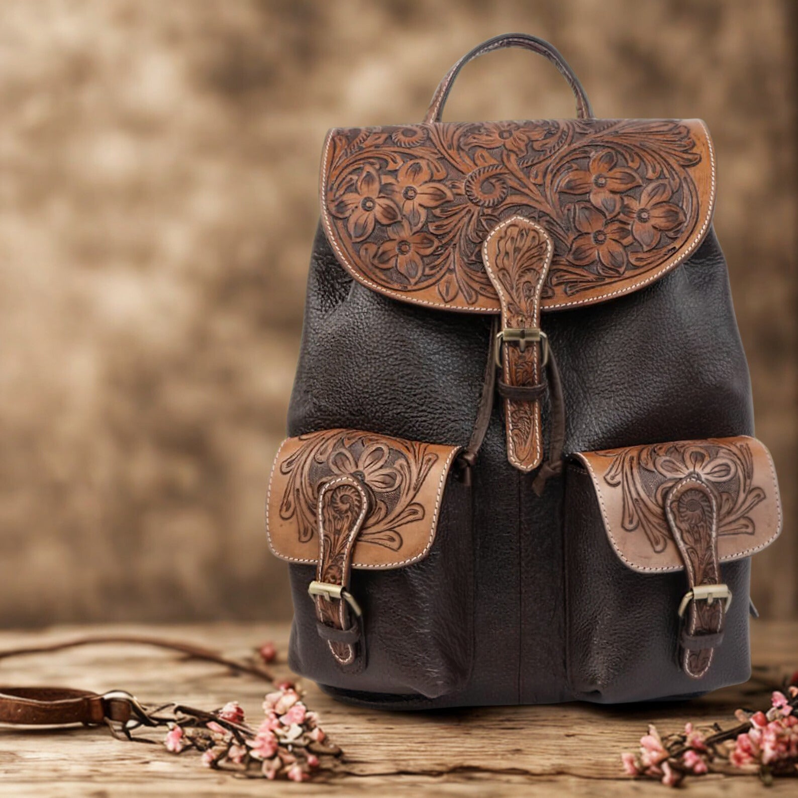 Hand Tooled Leather Backpack: Western Cowhide Travel Bag
